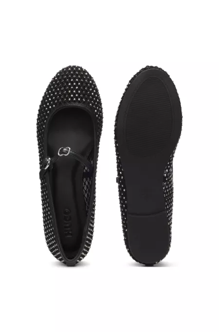 Zapatos de tacón tipo bailarinas en malla brillante con correa de hebilla