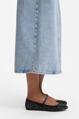 Zapatos de tac&oacute;n tipo bailarinas en malla brillante con correa de hebilla, Negro