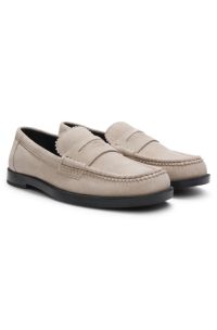 Loafer aus Veloursleder mit Logo am Pennyloafer-Besatz, Hellbeige