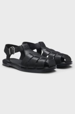 Fisherman-style sandals in leather with stacked logo, Black