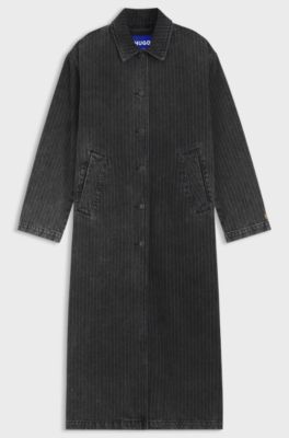 Pinstripe trench coat in washed black denim, Black Patterned