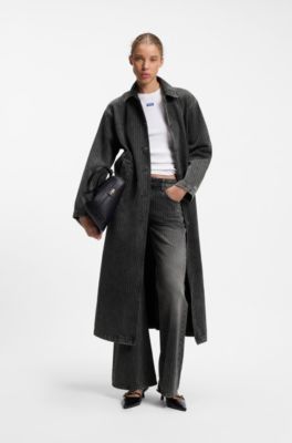 Pinstripe trench coat in washed black denim, Black Patterned