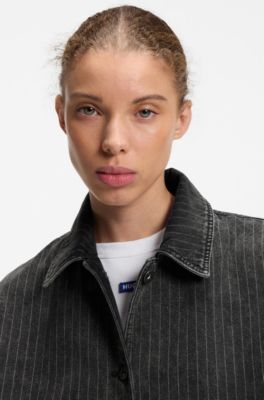 Pinstripe trench coat in washed black denim, Black Patterned