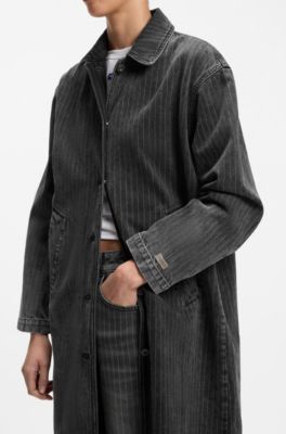 Pinstripe trench coat in washed black denim, Black Patterned