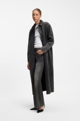 Pinstripe trench coat in washed black denim, Black Patterned