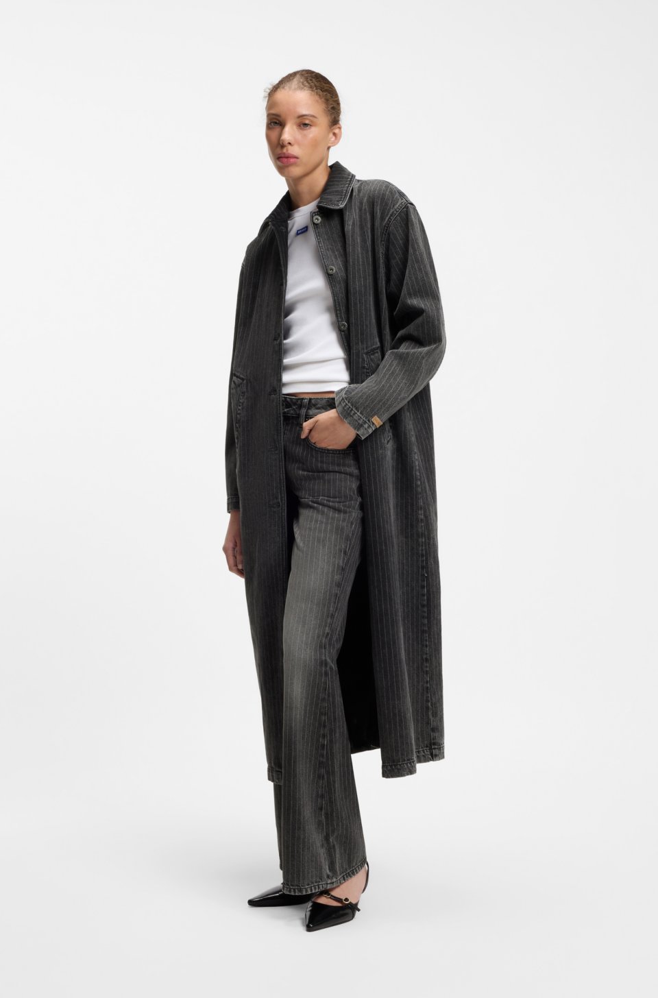 Pinstripe trench coat in washed black denim