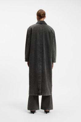 Pinstripe trench coat in washed black denim, Black Patterned