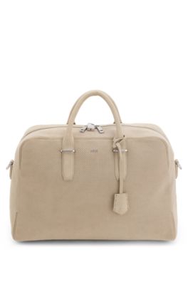 Perforated-suede holdall with metallic logo lettering, Light Beige