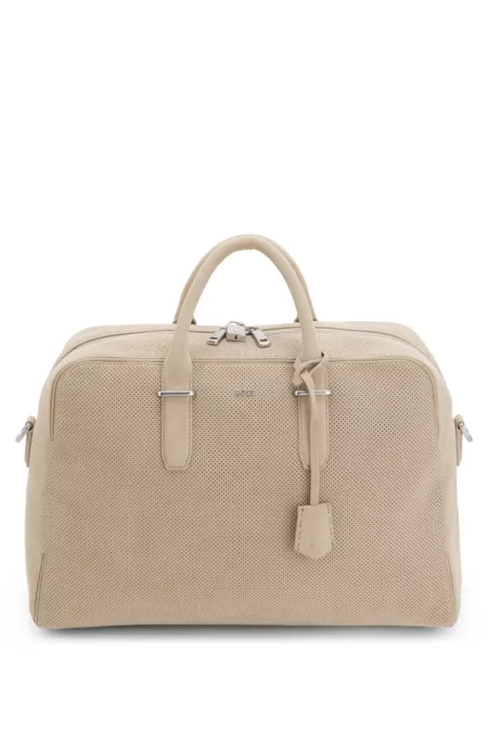 Perforated-suede holdall with metallic logo lettering