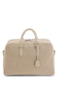 Weekendtas van geperforeerd su&egrave;de met metallic logoletters, Lichtbeige