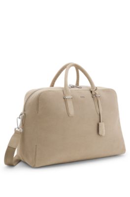 Perforated-suede holdall with metallic logo lettering, Light Beige