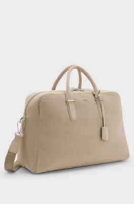 Sac de voyage en cuir su&eacute;d&eacute; perfor&eacute; avec logo m&eacute;tallique, Beige clair