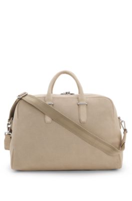 Perforated-suede holdall with metallic logo lettering, Light Beige