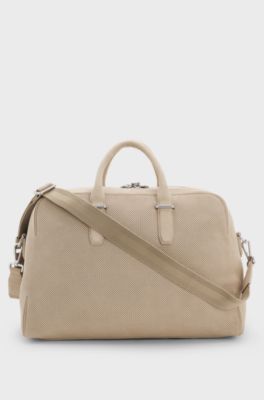 Sac de voyage en cuir su&eacute;d&eacute; perfor&eacute; avec logo m&eacute;tallique, Beige clair