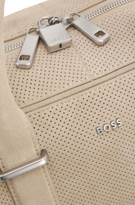 Perforated-suede holdall with metallic logo lettering, Light Beige