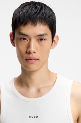 Stretch-cotton slim-fit tank top with contrast logo, Natural