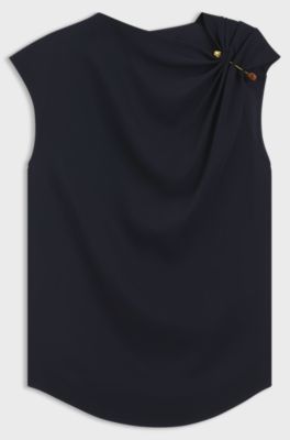 Regular-fit crepe blouse with metal pin, Dark Blue