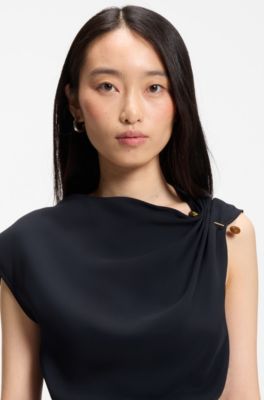 Regular-fit crepe blouse with metal pin, Dark Blue