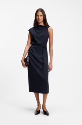 Jurk in midilengte met geplooid schouderdetail, Donkerblauw