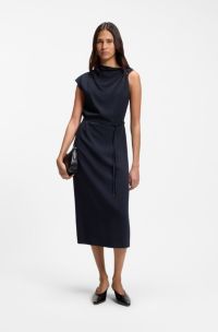 Midi-length dress with gathered shoulder detail, Dark Blue
