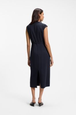 Midi-length dress with gathered shoulder detail, Dark Blue