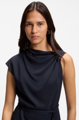 Jurk in midilengte met geplooid schouderdetail, Donkerblauw