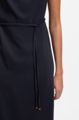 Jurk in midilengte met geplooid schouderdetail, Donkerblauw