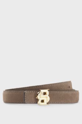 Reversible Italian-leather belt with light gold hardware, Brown / Beige