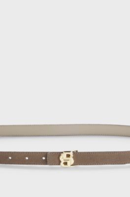 Reversible Italian-leather belt with light gold hardware, Brown / Beige
