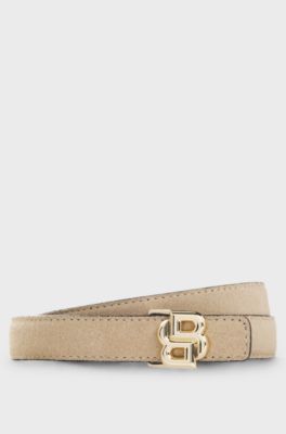 Reversible Italian-leather belt with light gold hardware, Light Beige