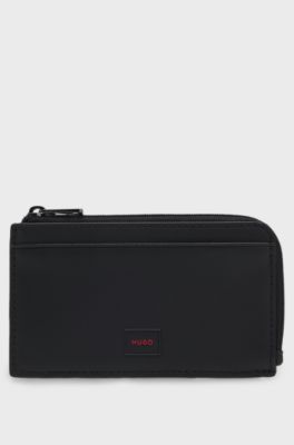 Faux-leather logo card holder with zipped coin pocket, Black