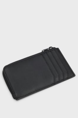 Faux-leather logo card holder with zipped coin pocket, Black