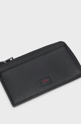 Faux-leather logo card holder with zipped coin pocket, Black
