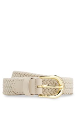 Woven belt with leather trims, Light Beige
