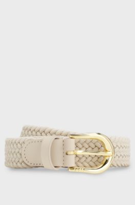 Geweven riem met leren details, Lichtbeige