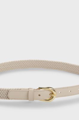 Cintur&oacute;n de tela trenzada con ribetes de piel, Beige claro