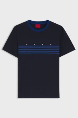Katoenen T-shirt bedrukt met strepen, Donkerblauw