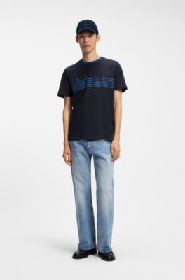 Cotton T-shirt with printed stripes, Dark Blue