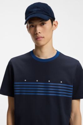 Cotton T-shirt with printed stripes, Dark Blue