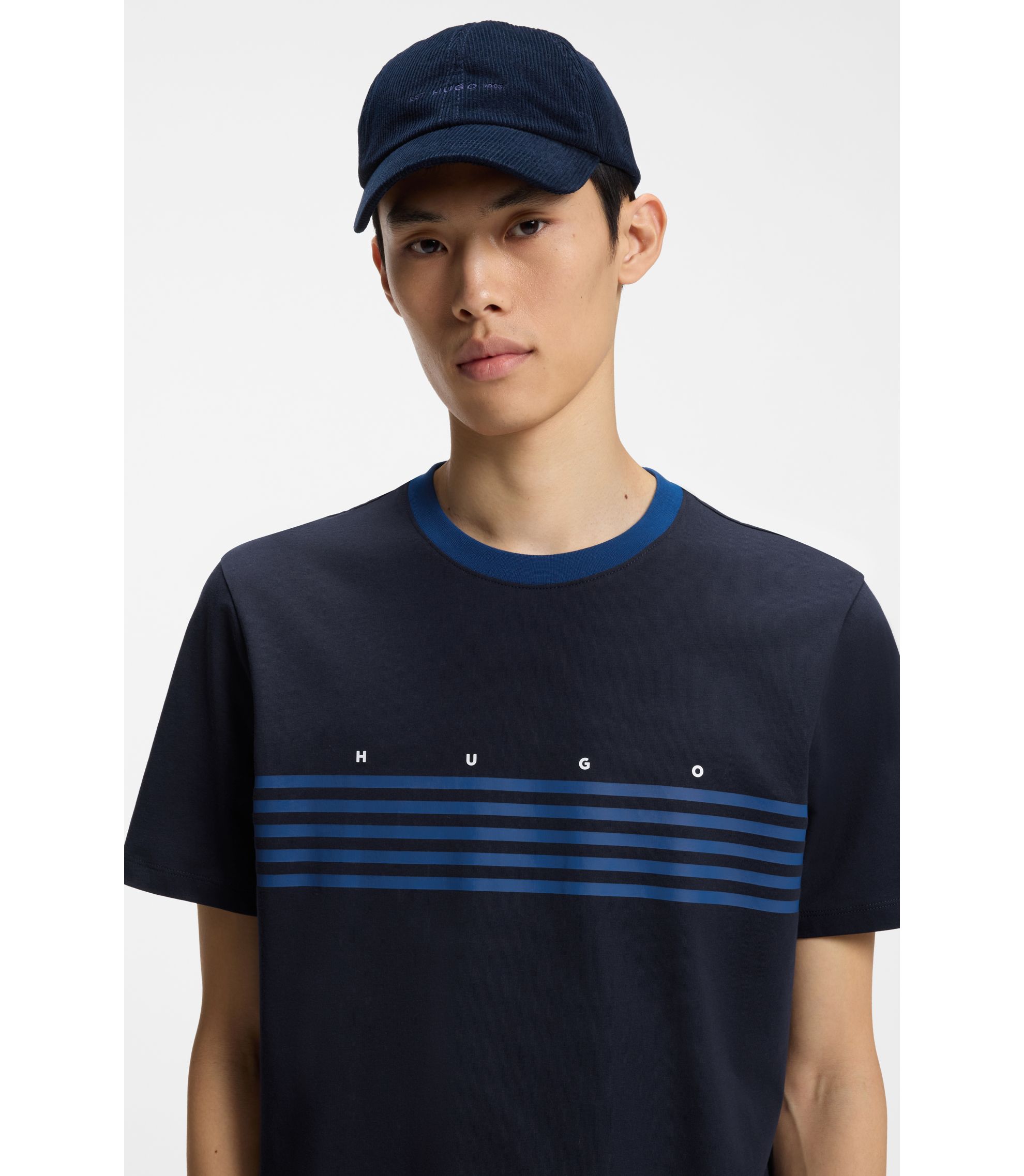 HUGO - コットン Tシャツ プリントライン - ダークブルー
