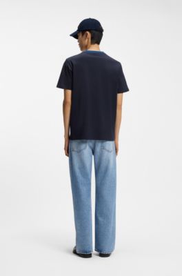 Cotton T-shirt with printed stripes, Dark Blue