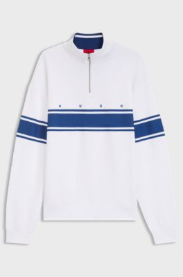 Zip-neck cotton sweatshirt with printed stripes, White / Blue