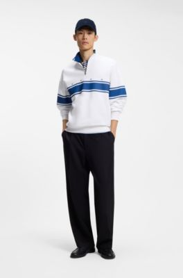 Zip-neck cotton sweatshirt with printed stripes, White / Blue
