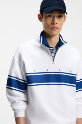 Zip-neck cotton sweatshirt with printed stripes, White / Blue
