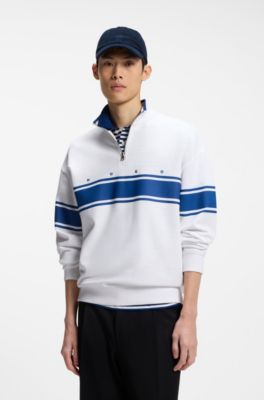 Zip-neck cotton sweatshirt with printed stripes, White / Blue
