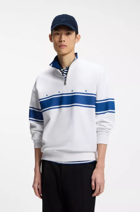 Zip-neck cotton sweatshirt with printed stripes