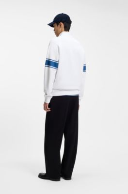 Zip-neck cotton sweatshirt with printed stripes, White / Blue