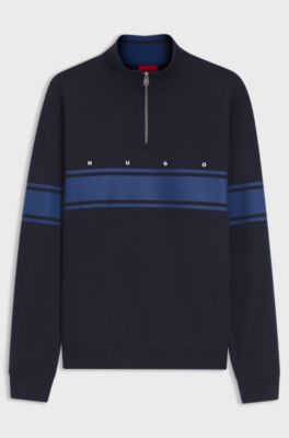 Sweat en coton &agrave; encolure zipp&eacute;e et rayures imprim&eacute;es, Bleu fonc&eacute;