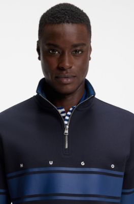 Sweat en coton &agrave; encolure zipp&eacute;e et rayures imprim&eacute;es, Bleu fonc&eacute;