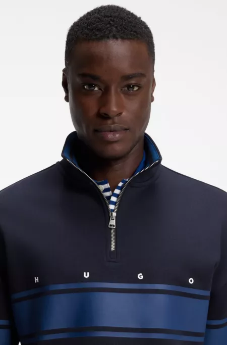 Zip-neck cotton sweatshirt with printed stripes